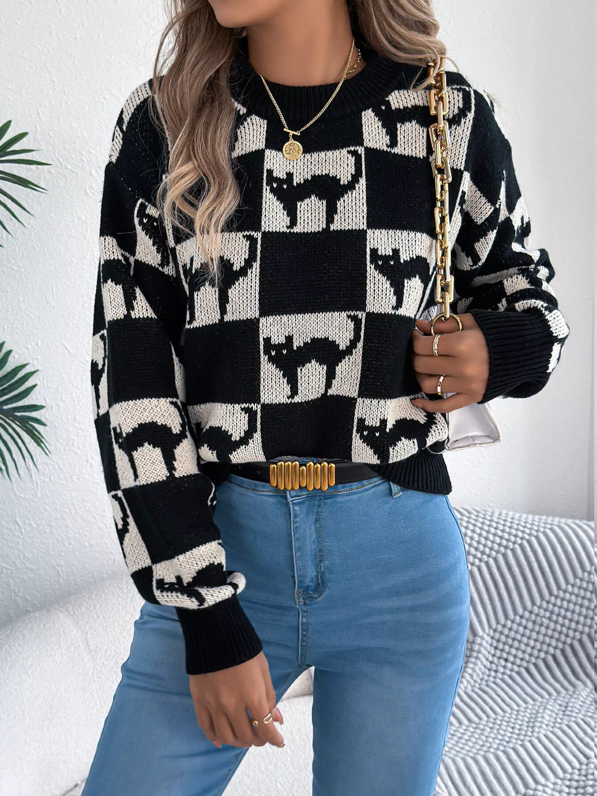 Checkerboard Halloween Graphic Sweater - Black - View 4