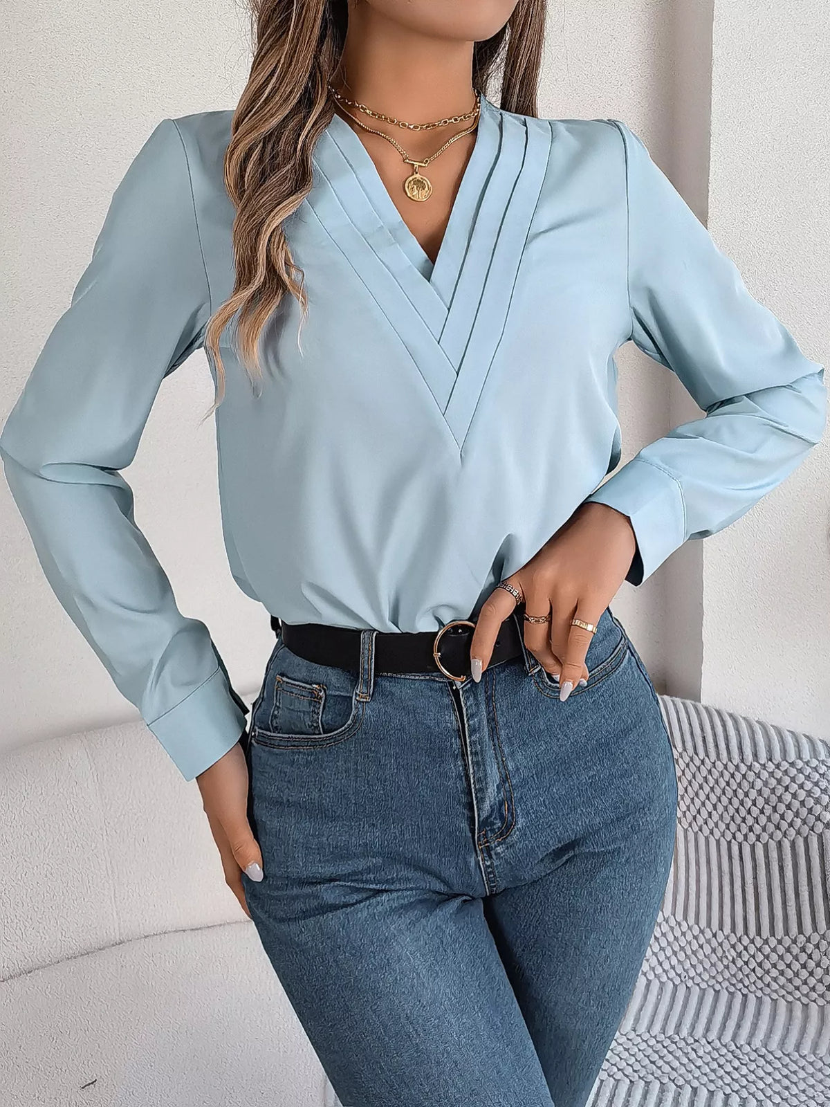 Layered V-Neck Long Sleeve Blouse - Light Blue - View 4