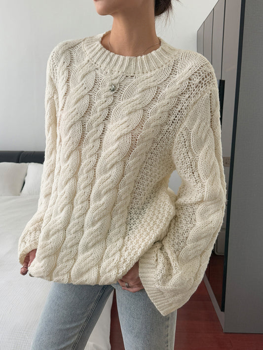 Cable Knit Round Neck Sweater - White - Updated supplier view 1