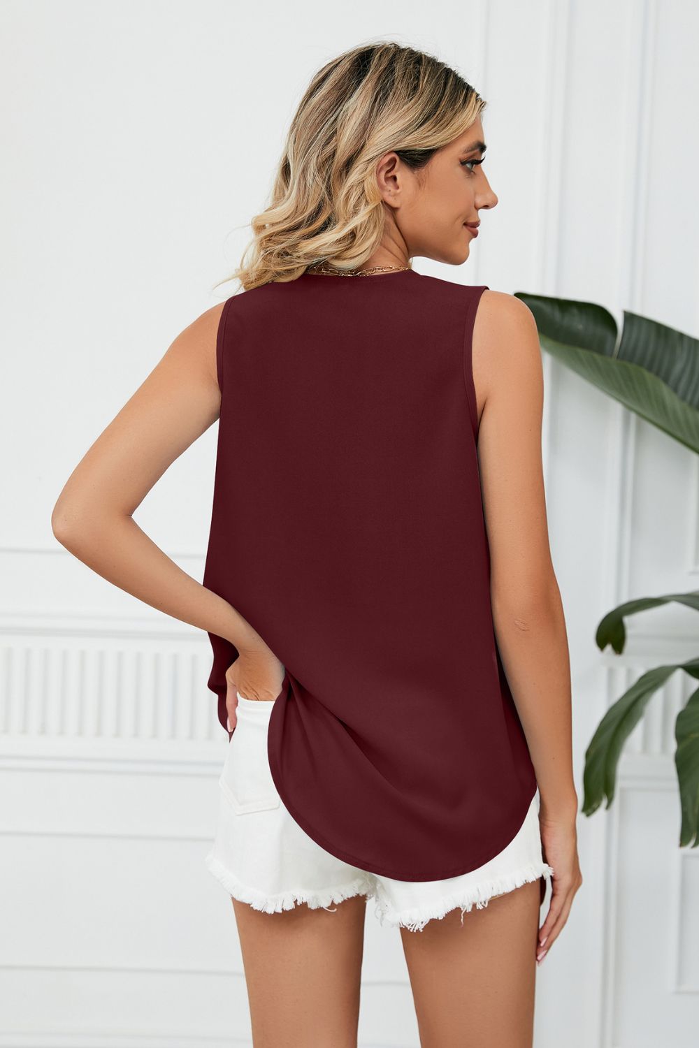 Contrast Trim Plunge Sleeveless Blouse - Wine - View 18