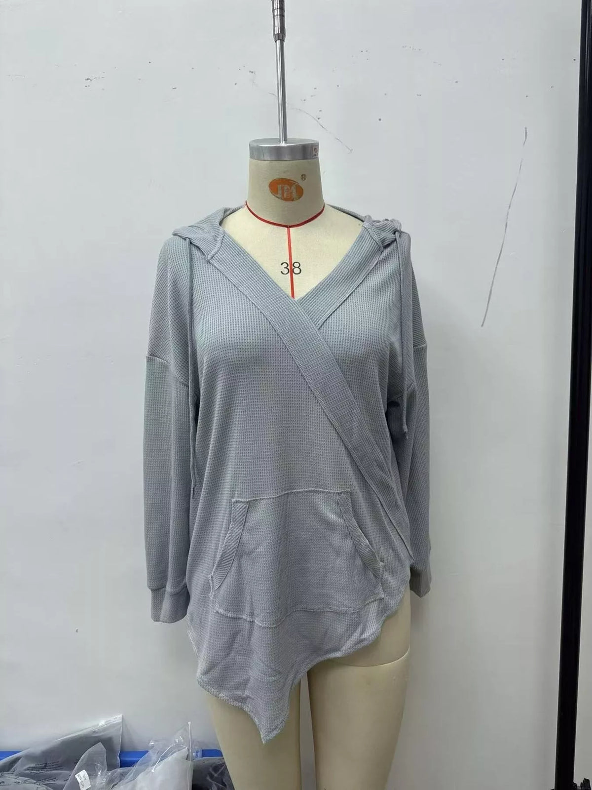 Drawstring Waffle Knit Hoodie - Gray - View 2