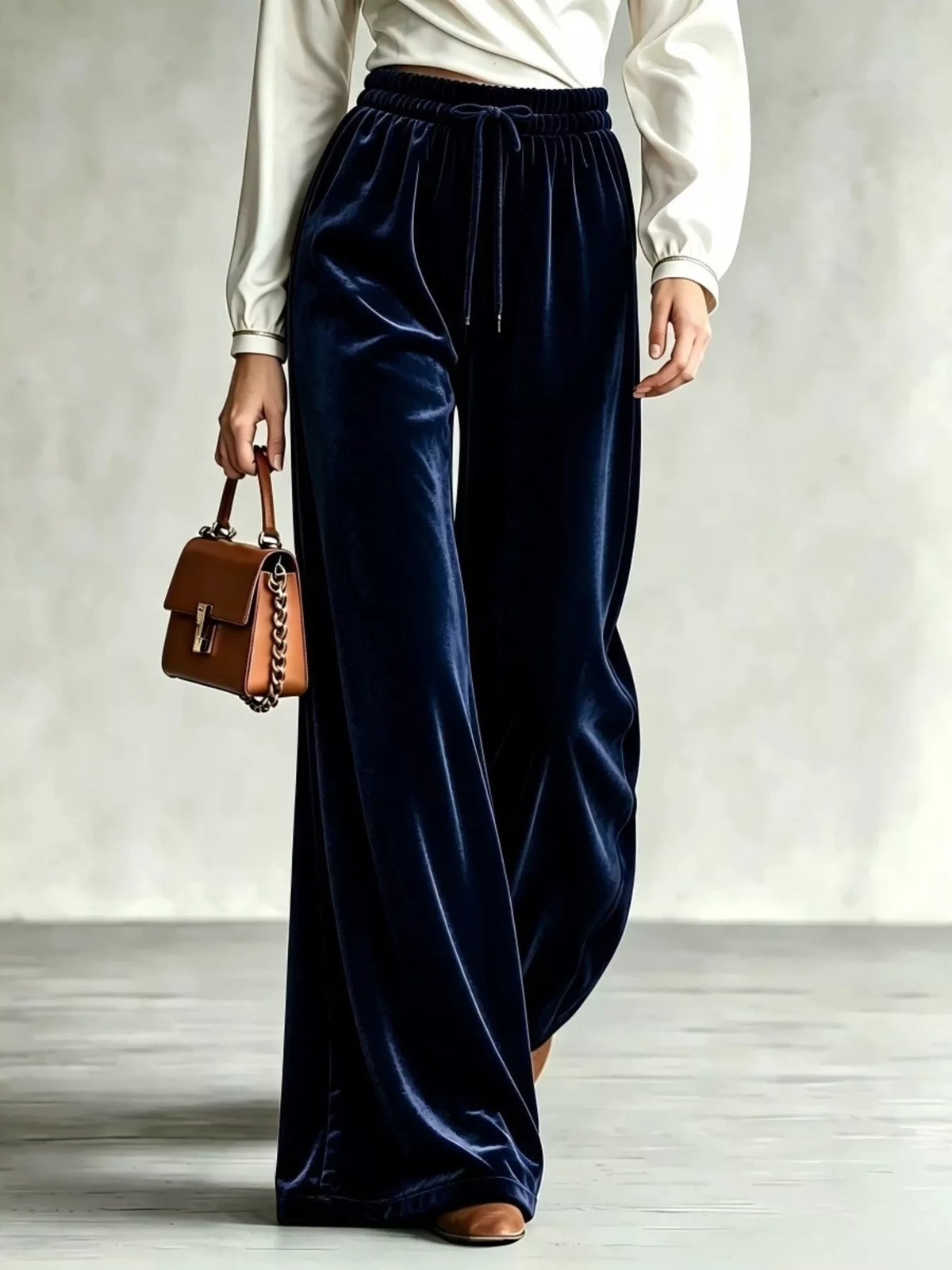 Velvet Wide-Leg Pants with Drawstring - Navy - View 1
