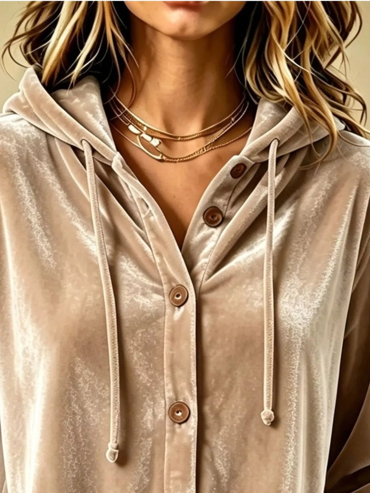 Full Size Velvet Button-Down Hooded Top Plus Size - Camel - View 2