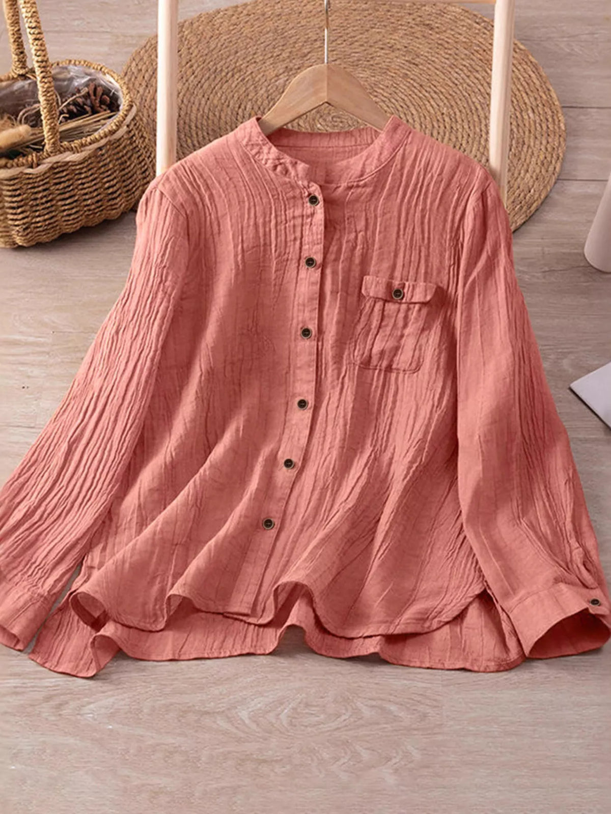 Textured Button-Down Shirt with Chest Pocket - Coral - View 1