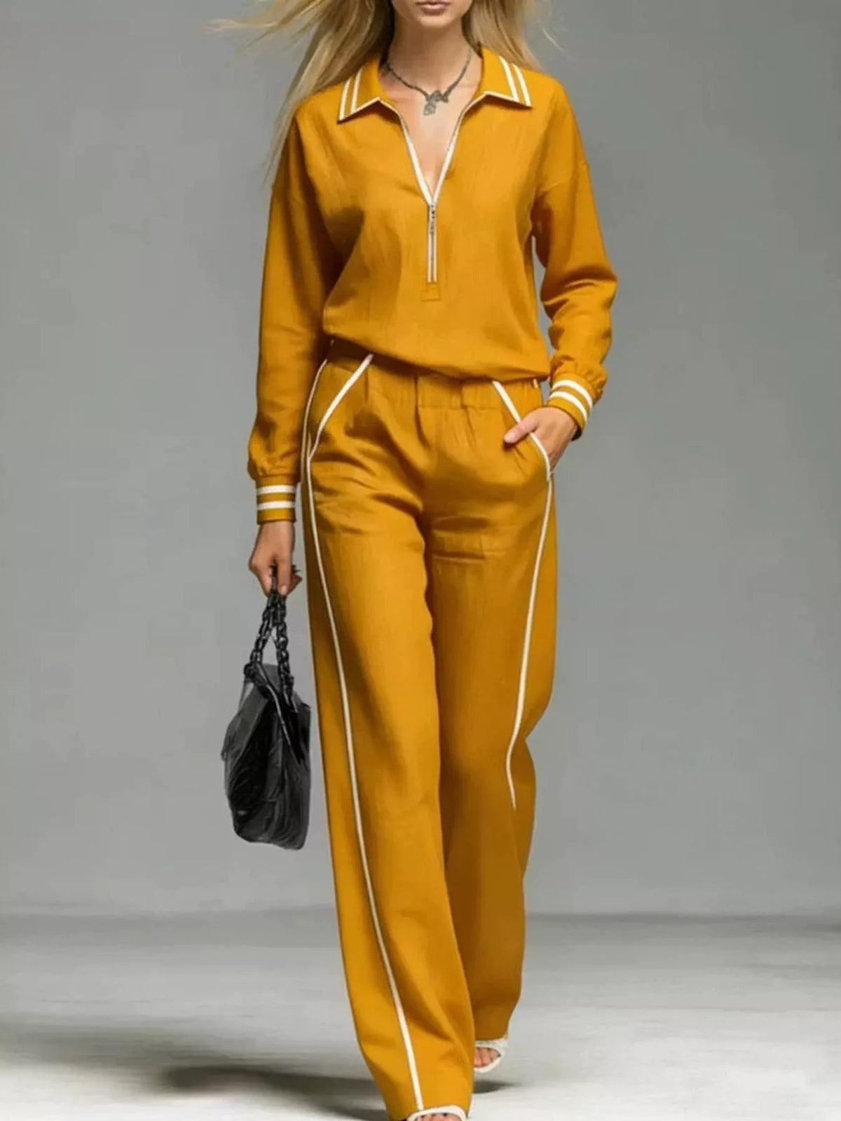 Striped Half Zip Top and Pants Set - Tangerine - View 2