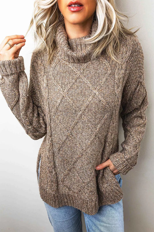 High Neck Drop Shoulder Cable Knit Regular Length Sweater - Taupe - View 1