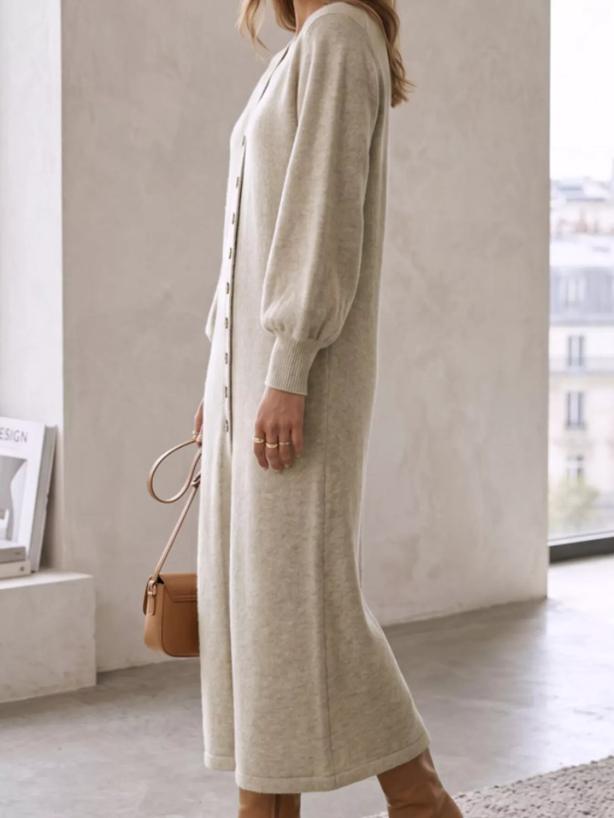 Button Front Long Sleeve Sweater Dress - Light Gray - View 3