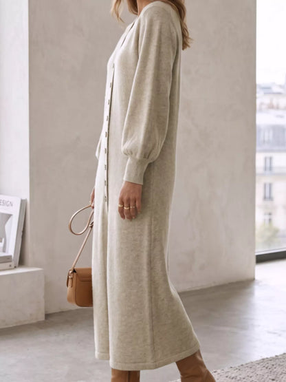 Button Front Long Sleeve Sweater Dress - Light Gray - View 3