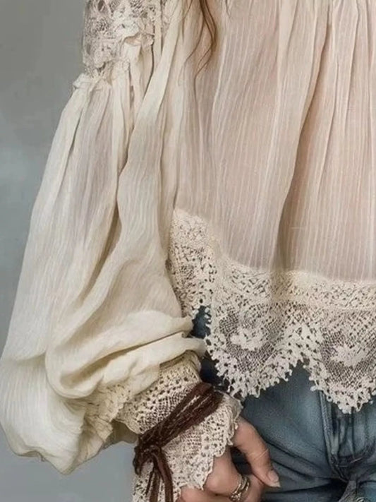 Lace Trim Cold Shoulder Blouse - Beige - View 2