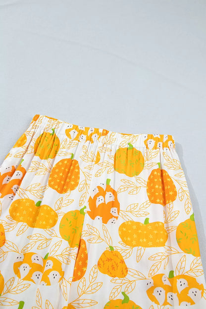 Short Sleeve Pumpkin Print Polka Dot Trim Pocket Placket Lounge Set - Sherbet - View 12
