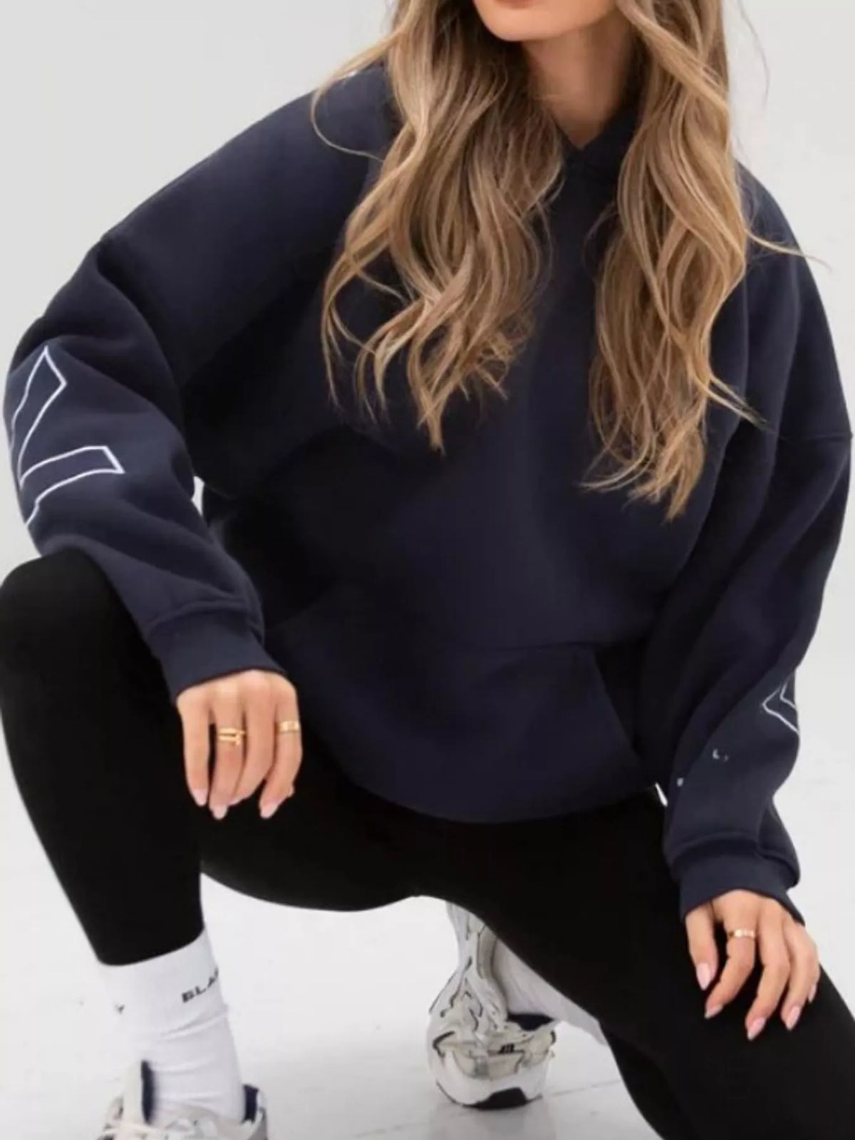 Letter Back Hoodie with Kangaroo Pocket - Navy - View 25