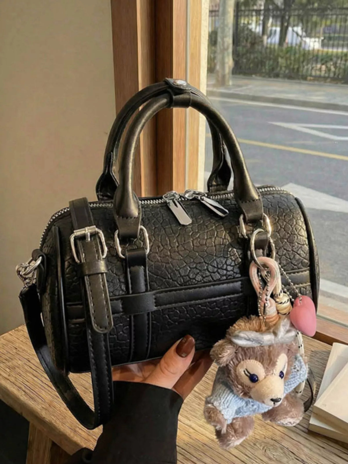 Textured Barrel Crossbody Bag - Black - View 4