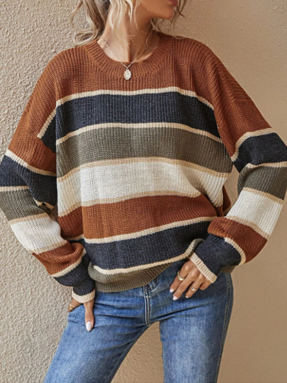 Color Block Striped Crew Neck Sweater - Dark Brown - View 3