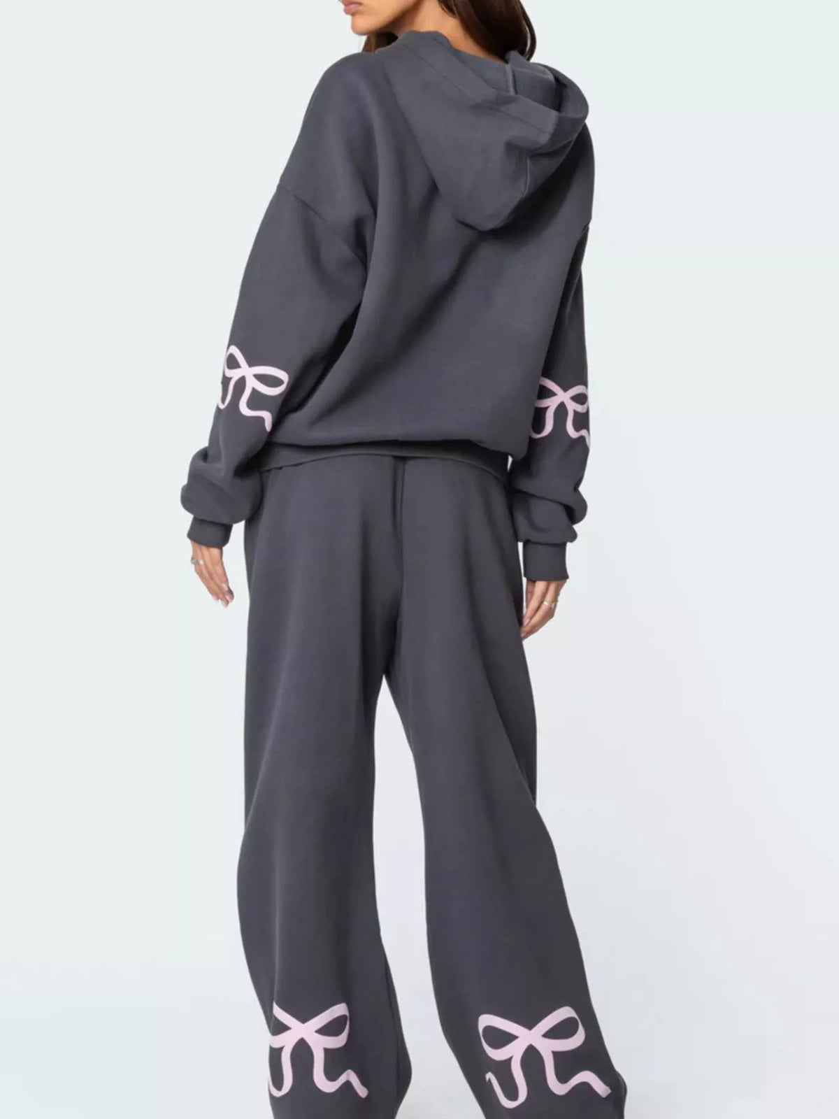 Bow and Heart Dropped Shoulder Hoodie and Pants Set - Grey - View 5