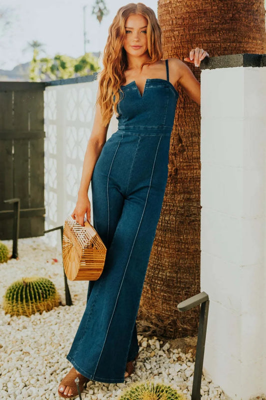 Spaghetti Strap Wide Leg Denim Jumpsuit - Dark - View 2
