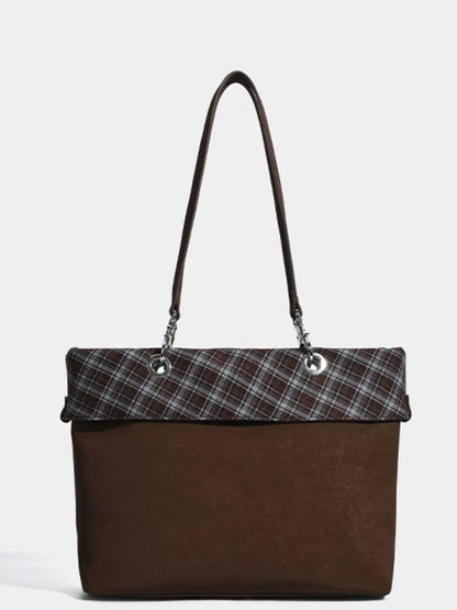 Plaid Trim Shoulder Bag - Coffee - View 1