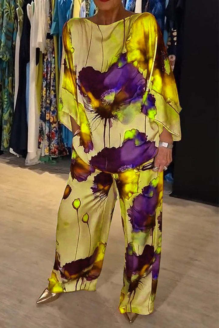 Elegant Satin Off-Shoulder Loose Printed Batwing Sleeve Drawstring Pants