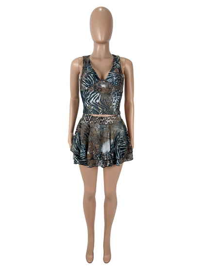 Leopard print fungus edge skirt set