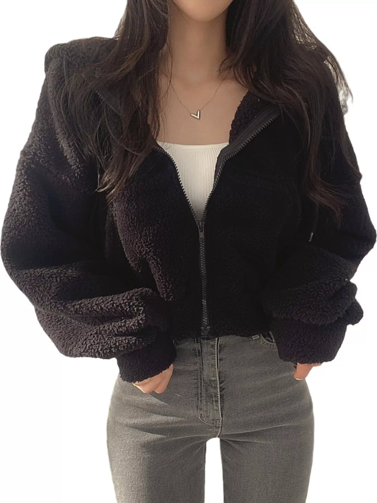 Oversized Sherpa Zip-Up Hoodie - Black - View 17