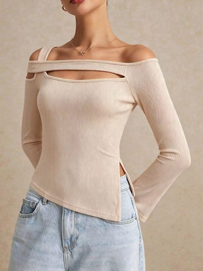 Side Slit Cutout Ribbed Long Sleeve T-Shirt - Apricot - View 1