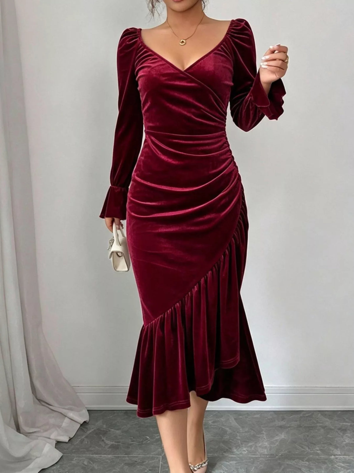Velvet Ruched Ruffle Hem Midi Dress - Burgundy - View 4