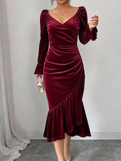 Velvet Ruched Ruffle Hem Midi Dress - Burgundy - View 4