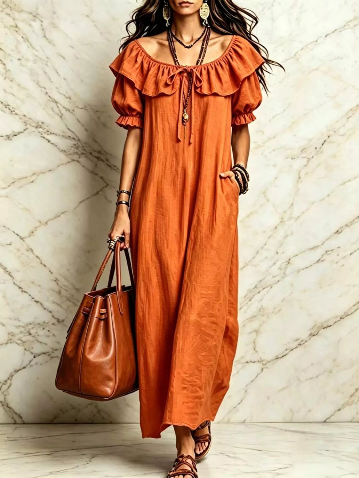 Ruffle Trim Puff Sleeve Maxi Dress - Orange - View 1