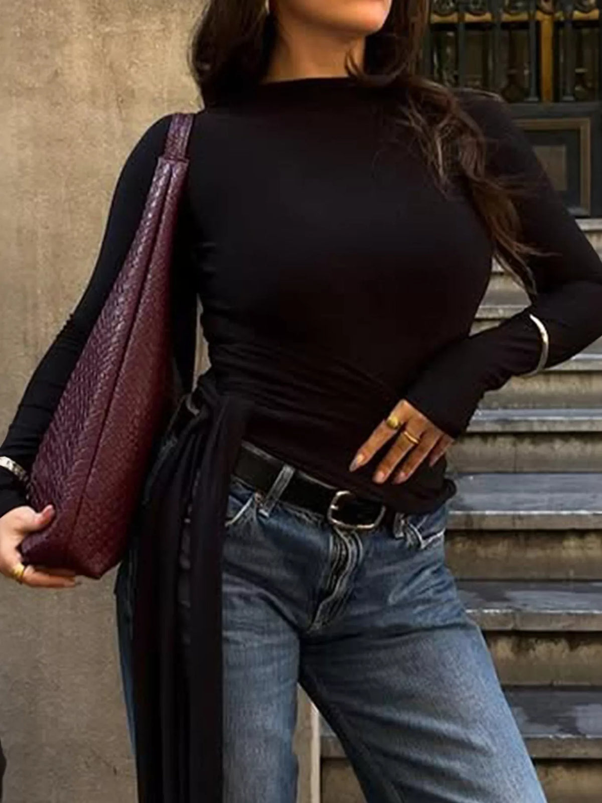 Mock Neck Long Sleeve T-Shirt - Black - View 5