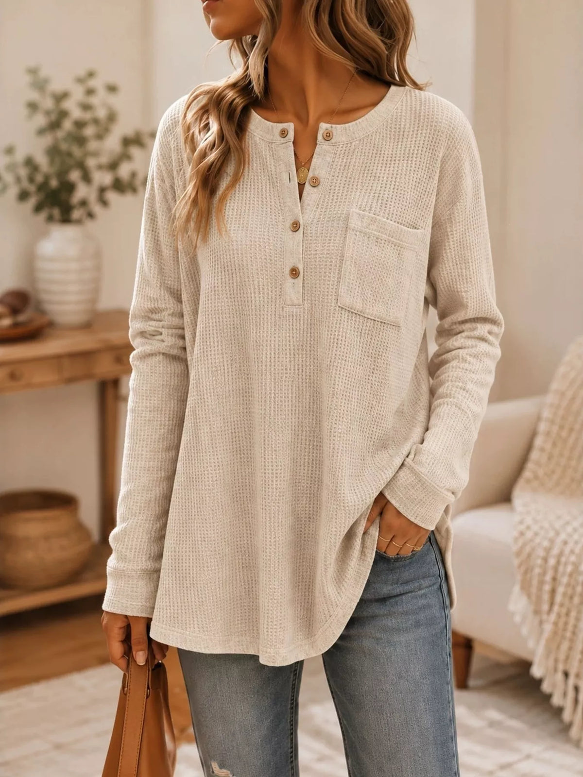 Waffle Knit Button Detail Top - Apricot - View 1