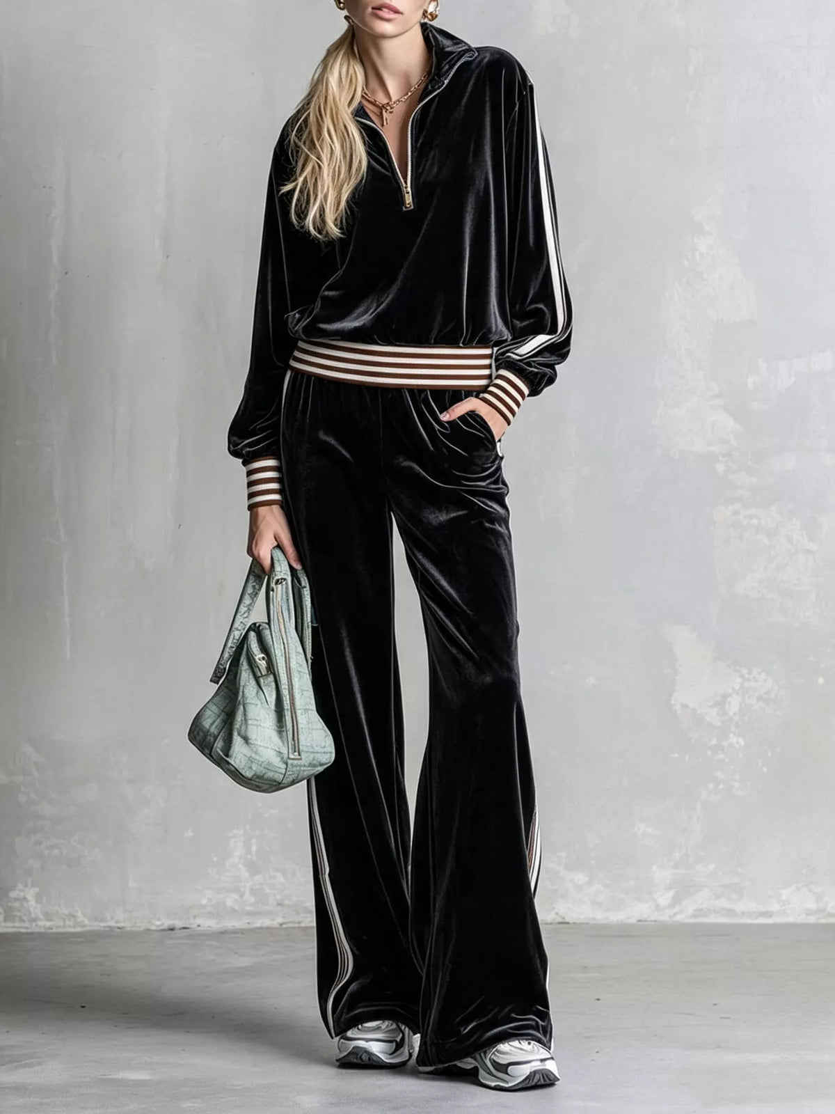 Striped Half Zip Top and Pants Set - Black - View 1