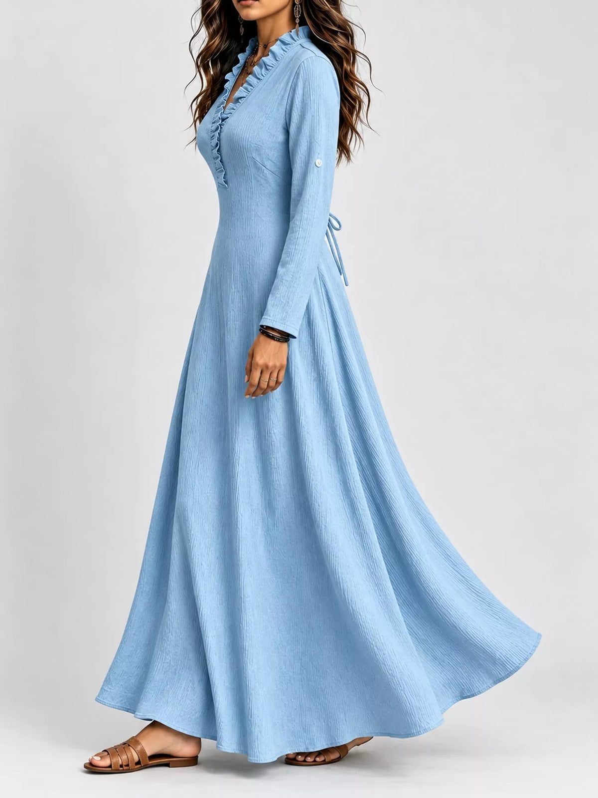 Full Size Frill Roll-Up Sleeve Maxi Dress Plus Size - Sky Blue - View 34