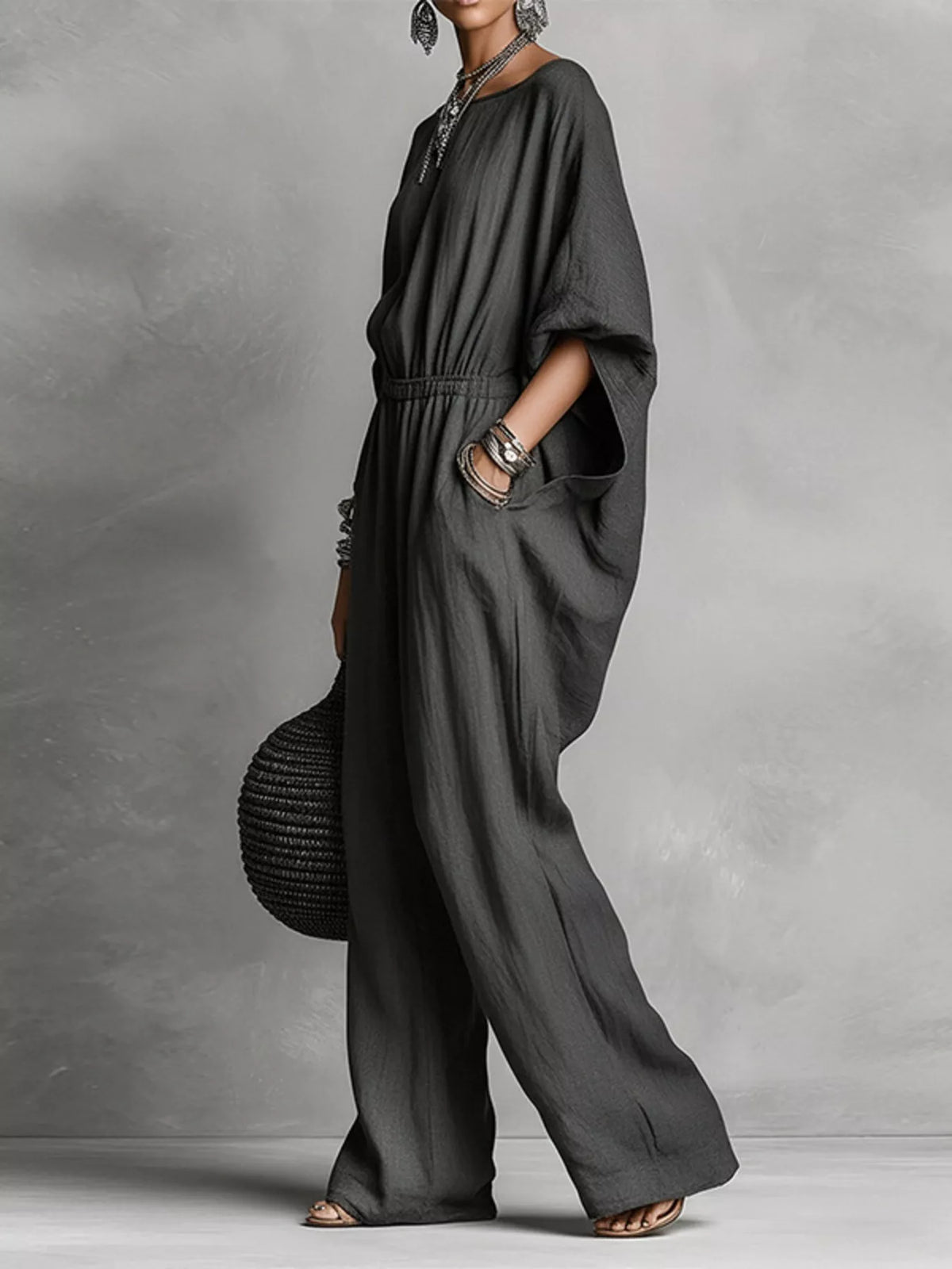 Full Size Boat Neck Batwing Sleeve Wide-Leg Jumpsuit Plus Size - Dark Gray - View 4