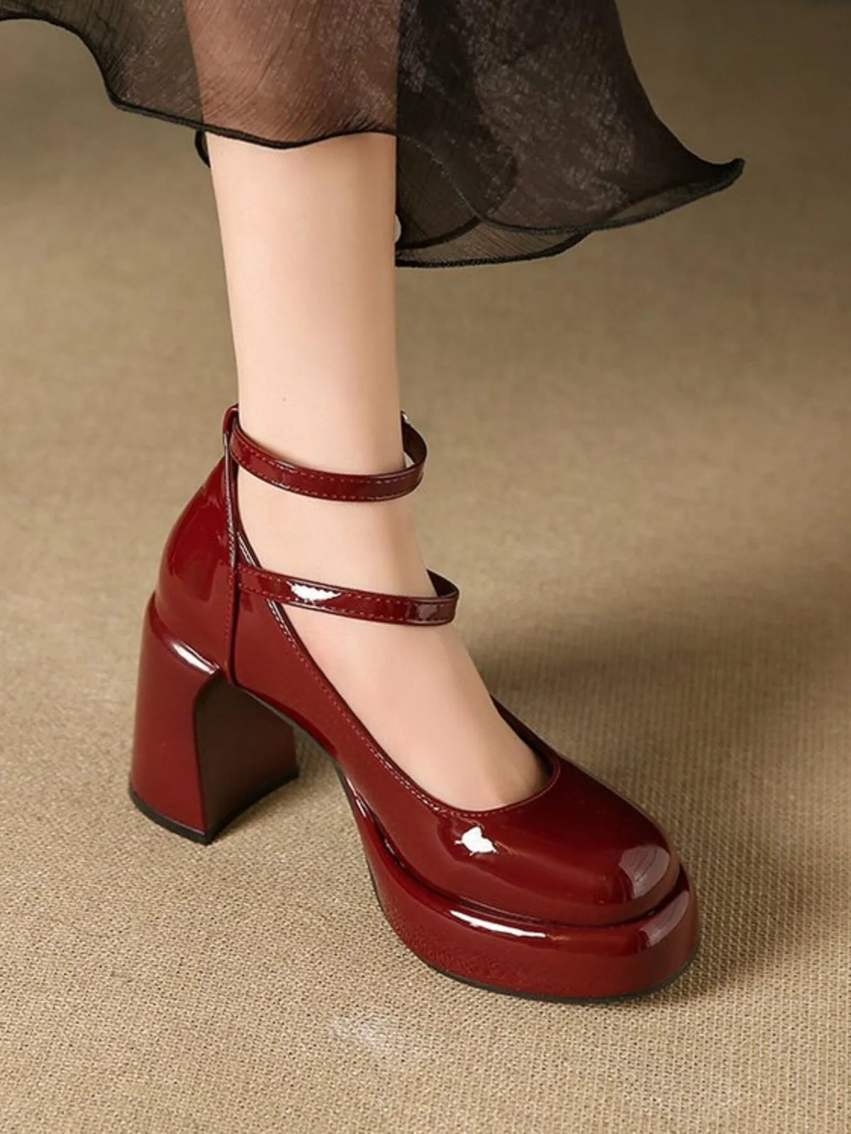 Patent Leather Mary Jane Platform Pumps - Burgundy - View 13