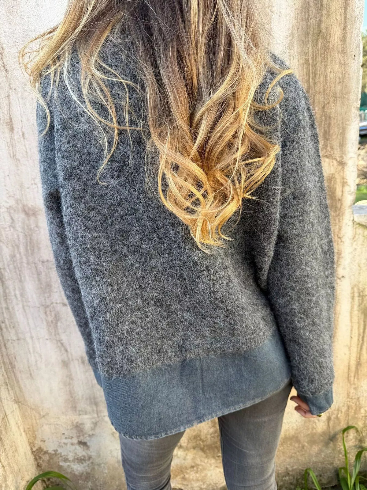 Contrast Denim Collar Half-Zip Knit Sweater - Dark Gray - View 3