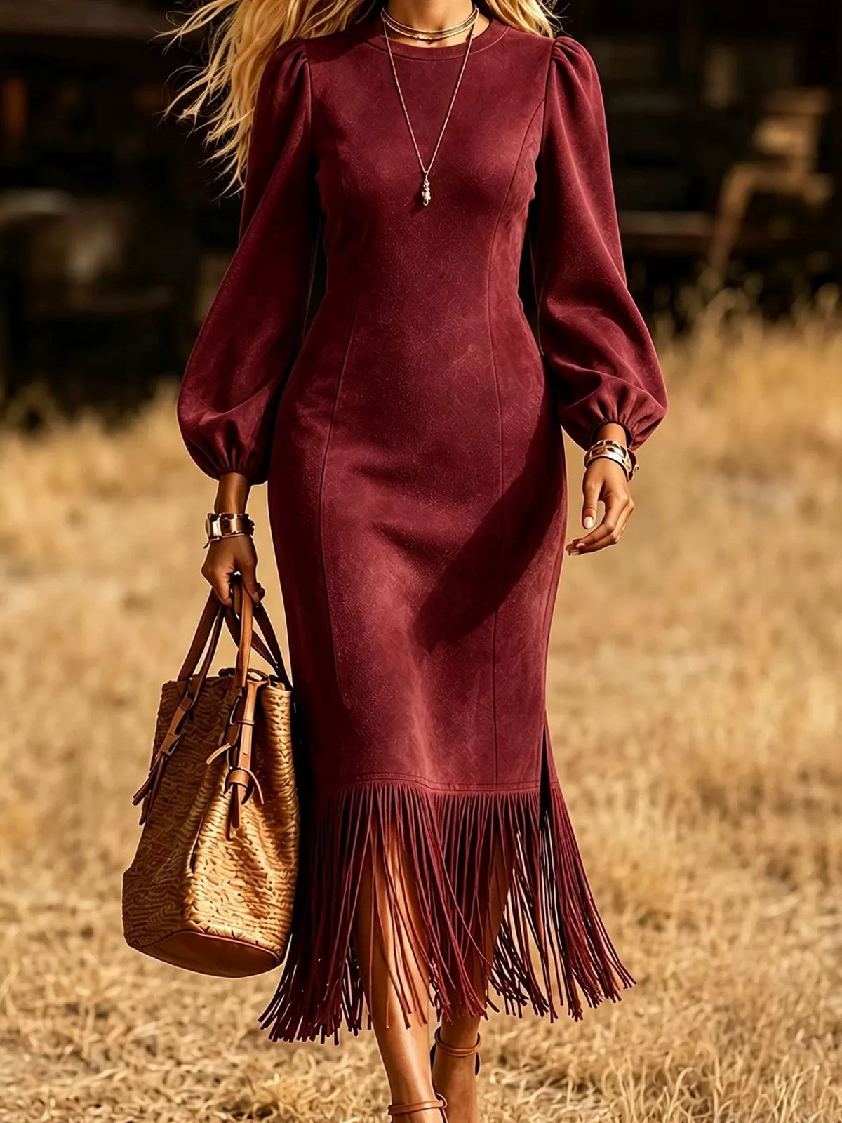 Fringe Hem Balloon Sleeve Midi Dress - Burgundy - View 5