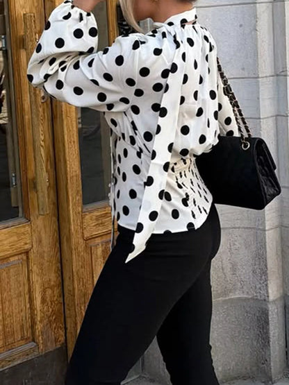 Polka Dot Balloon Sleeve Blouse - White - View 5