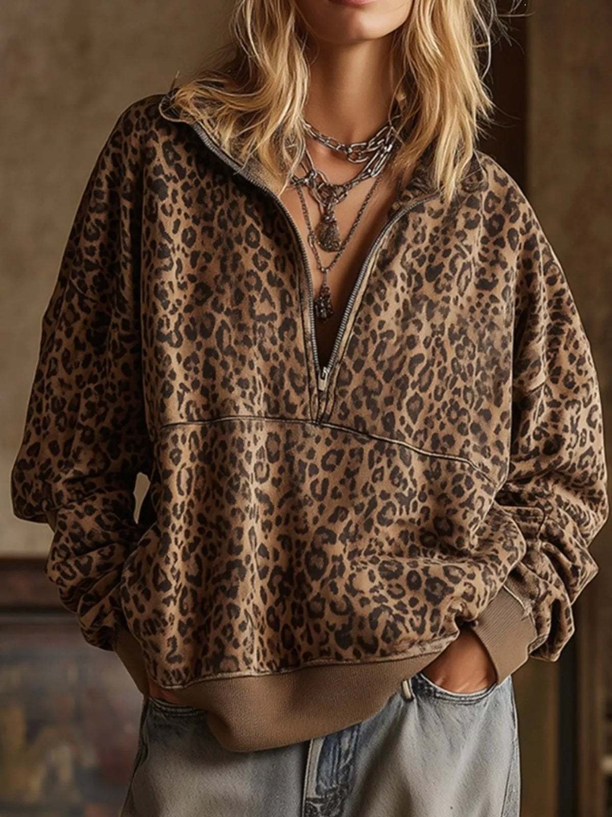 Leopard Half Zip Oversized Sweatshirt - Coffee Brown - View 1