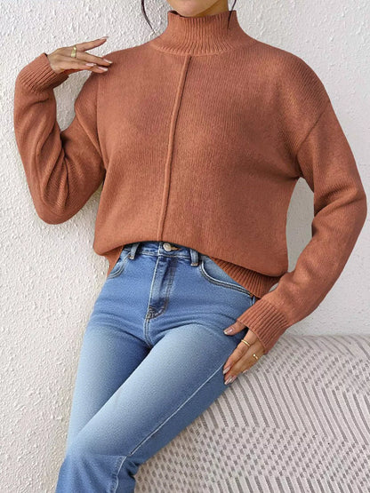 Center Seam Detail Turtleneck Sweater - Caramel - View 3