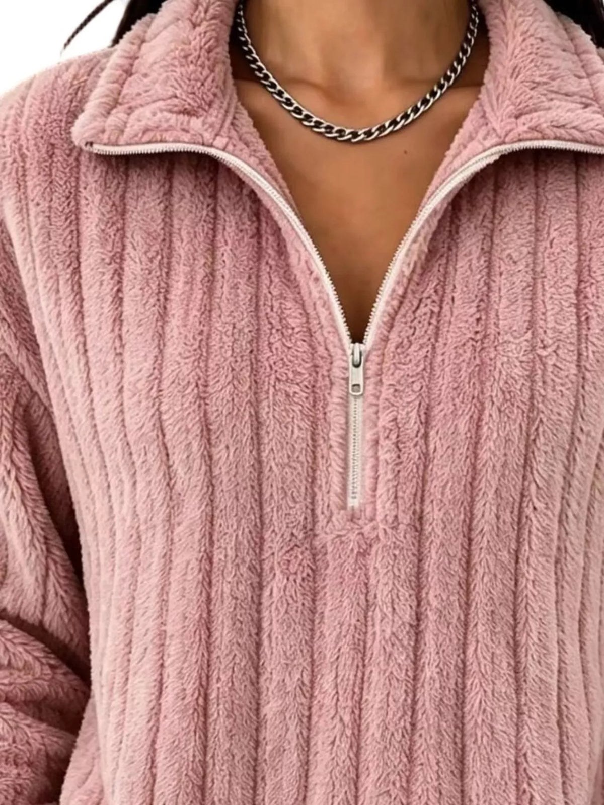 Quarter-Zip Dropped Shoulder Sweatshirt - Dusty Pink - View 2