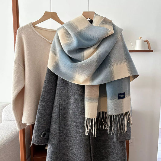Plaid Fringe Scarf - Sky Blue - View 1