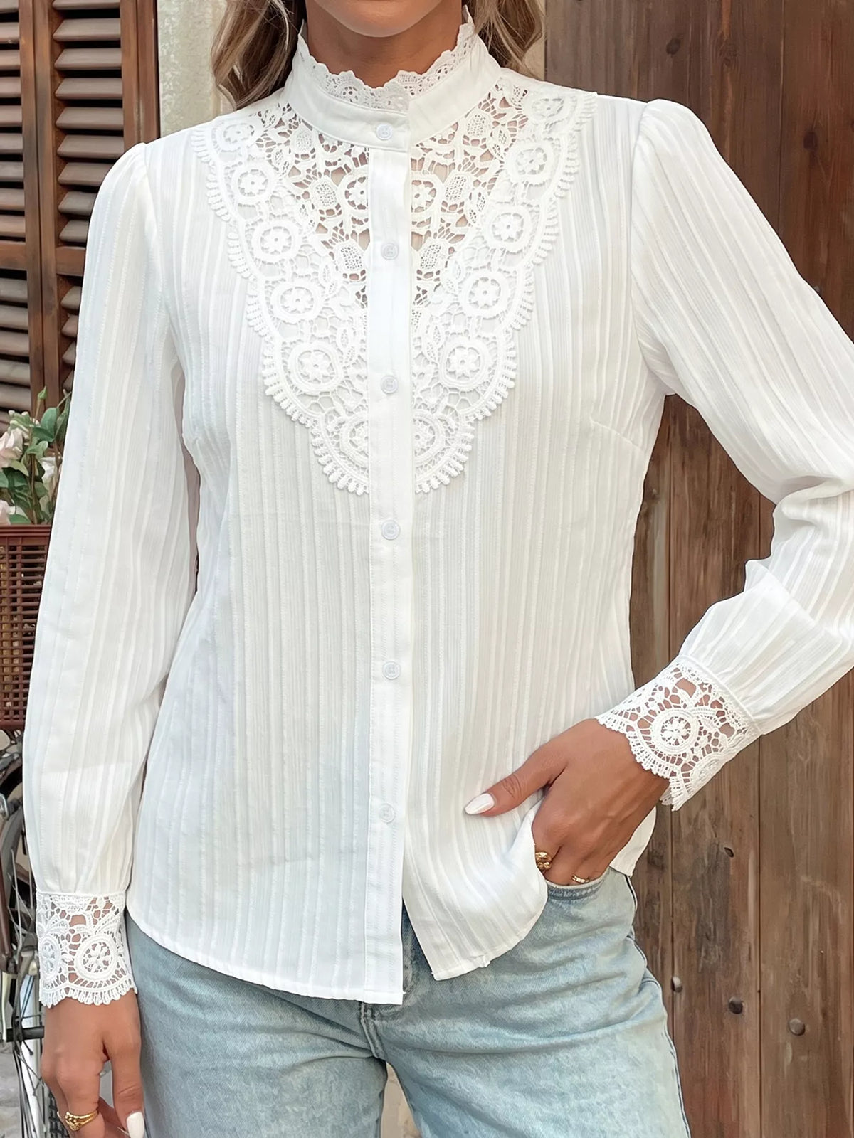 Lace Detail Long Sleeve Shirt - White - View 3
