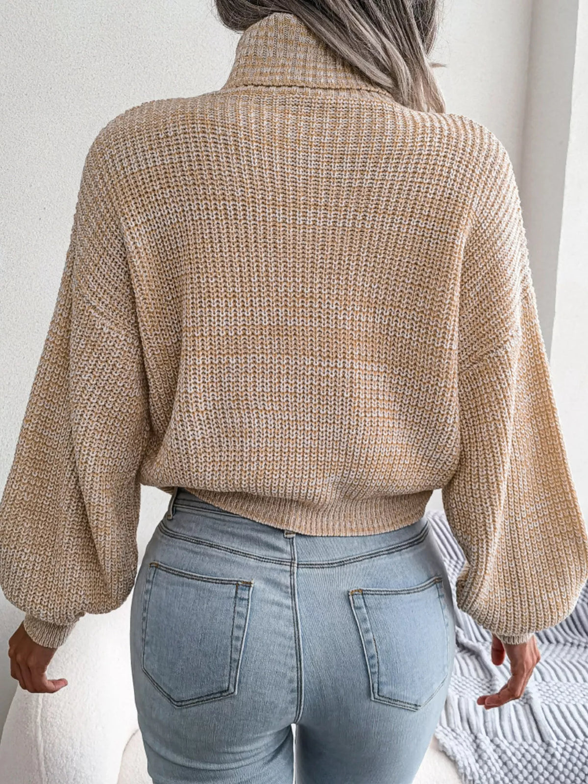 Turtleneck Dropped Shoulder Sweater - Beige - View 6
