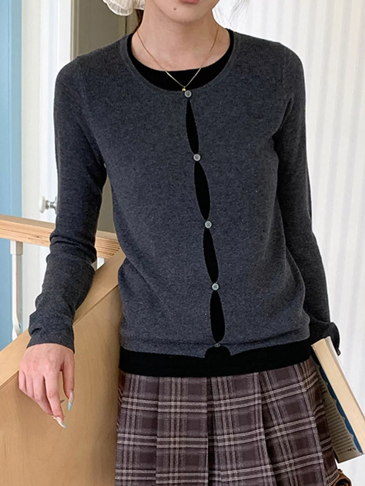 Layered Look Long Sleeve Knit Top - Charcoal Gray - View 7
