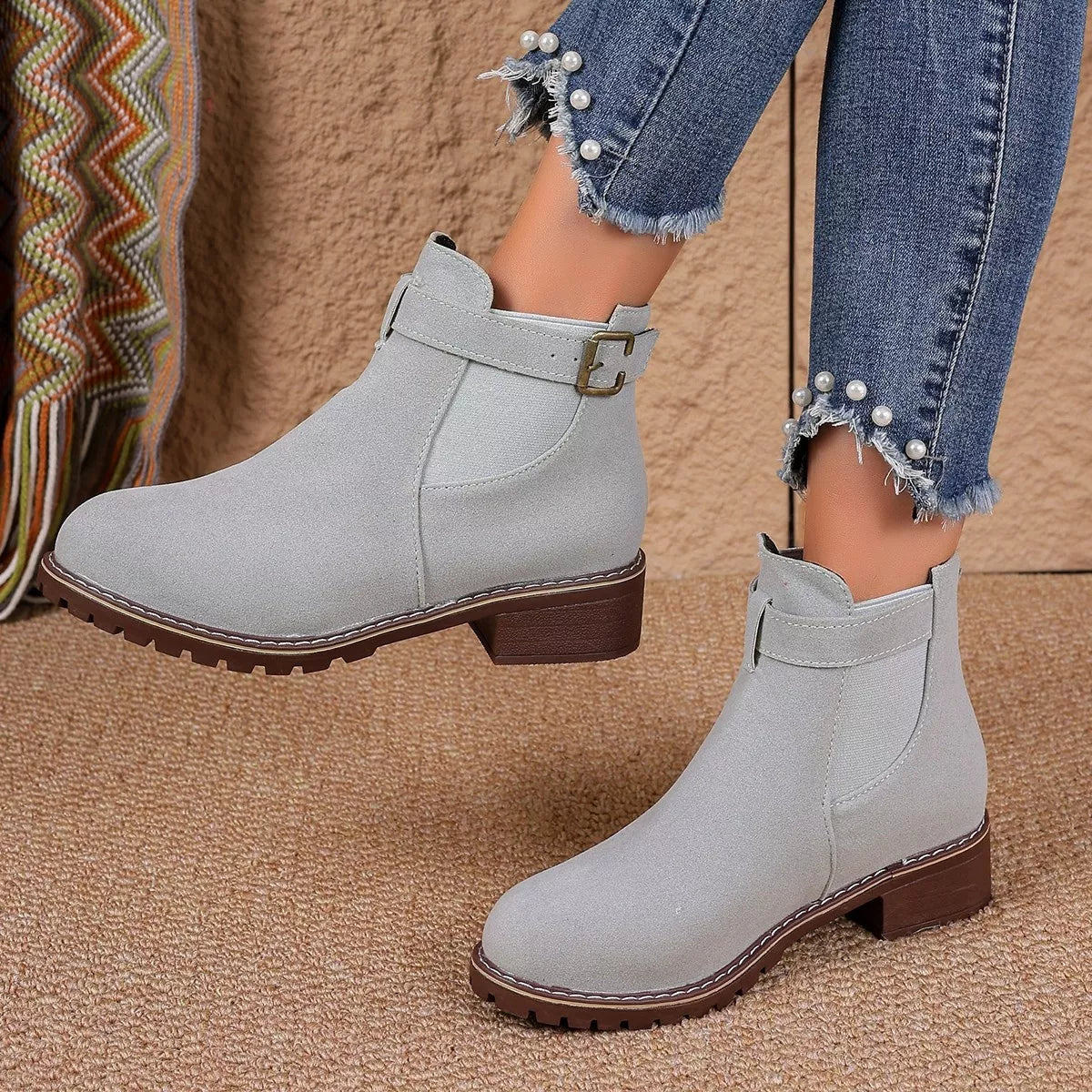 Round Toe Block Heels Boots - Dark Gray - View 10