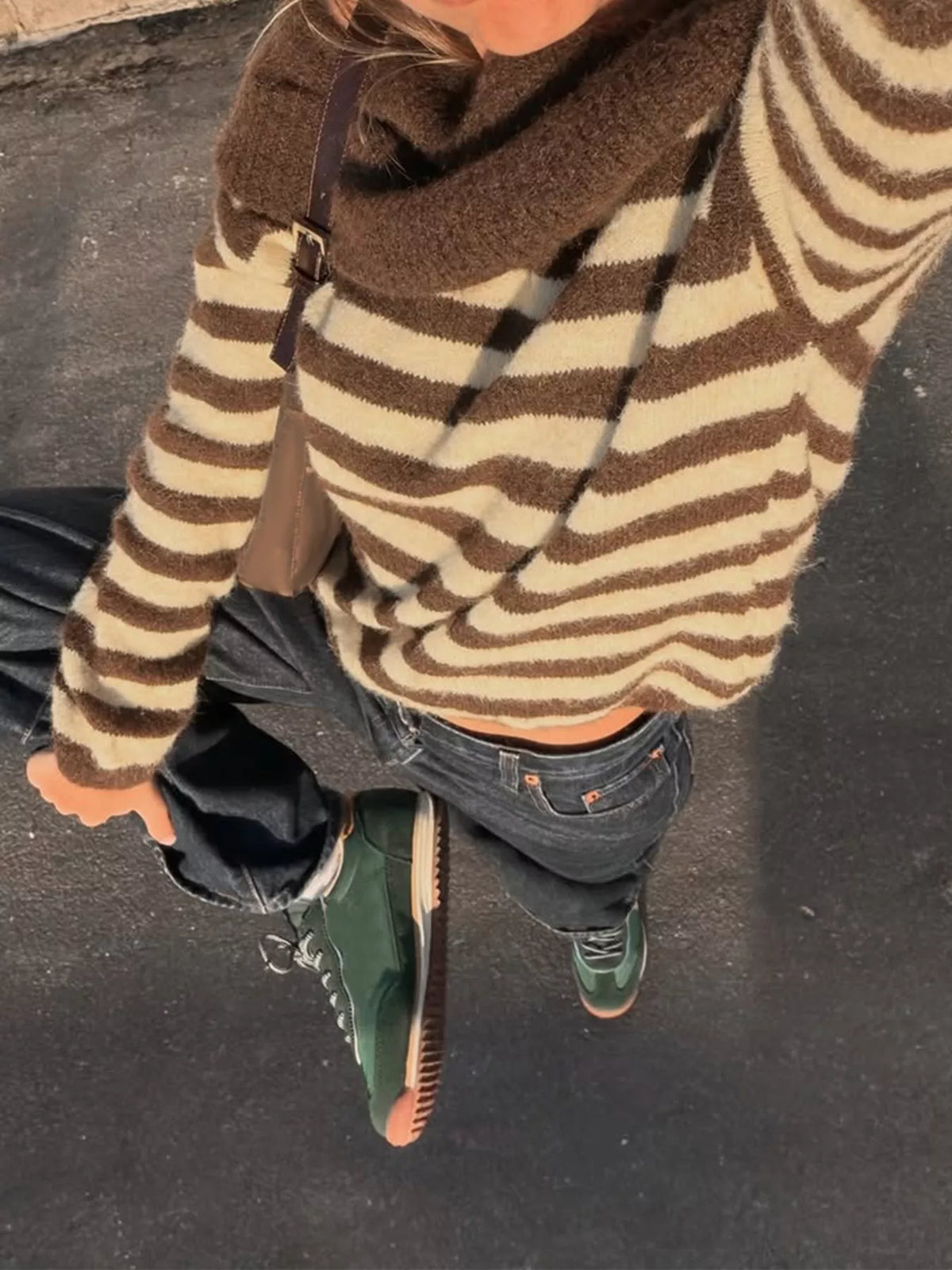 Off-Shoulder Striped Knit Top - Coffee Brown - View 3