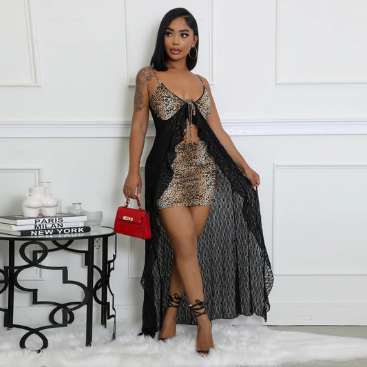 Women's suspender lace leopard print skirt set