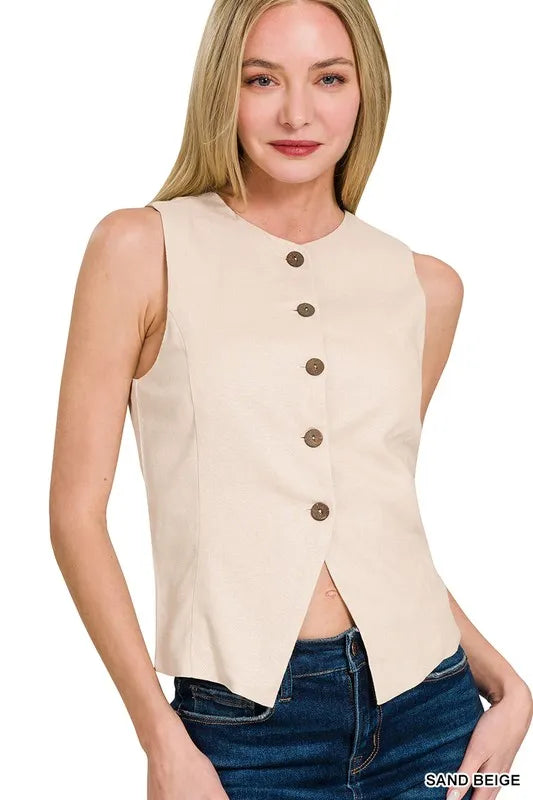 Zenana Linen Button Down Vest - SAND BEIGE - View 1