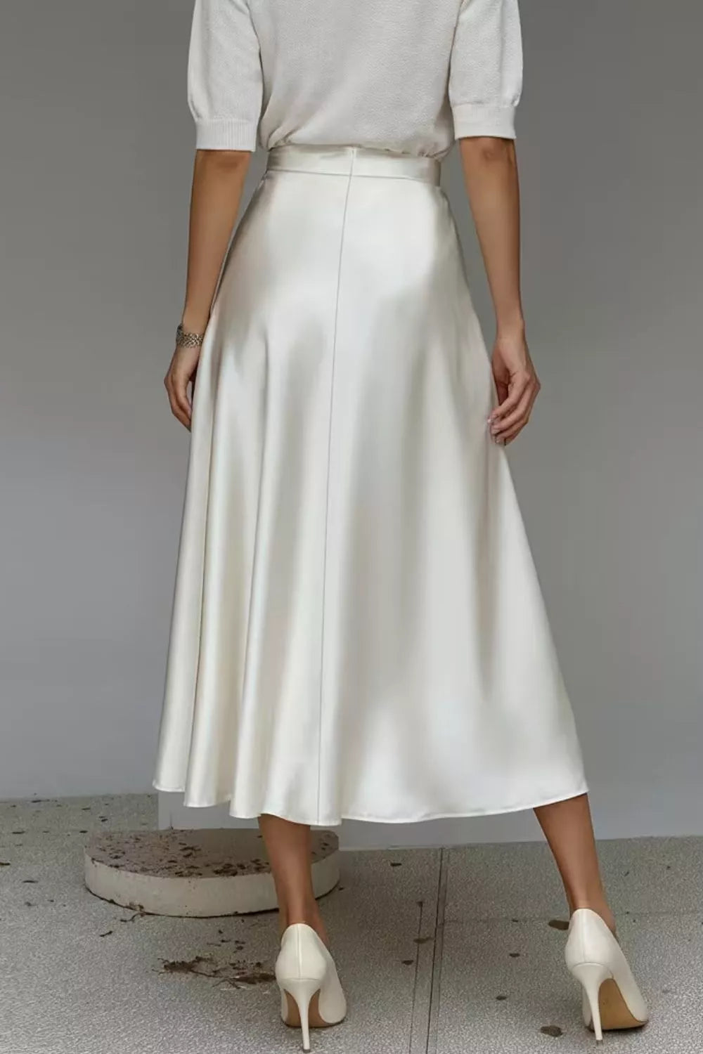 Satin A-Line Midi Skirt - White - View 5
