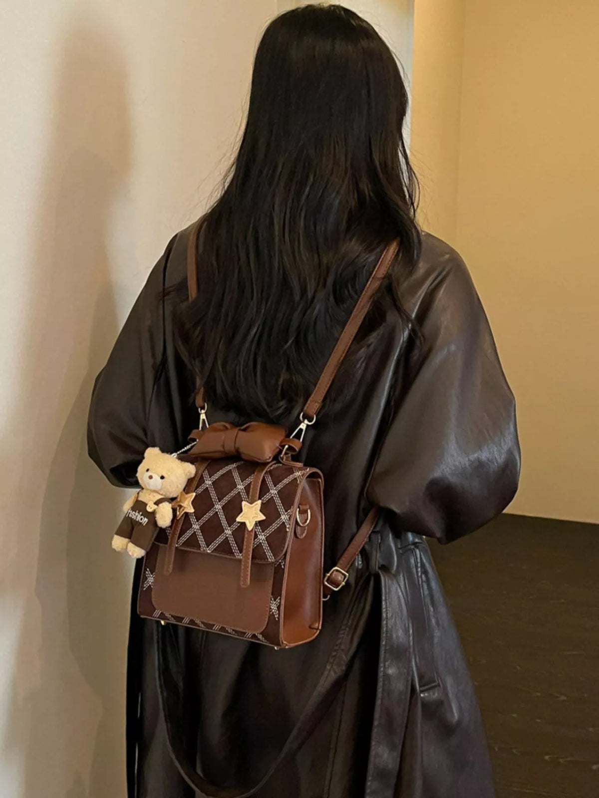 Vintage Diamond Pattern Backpack Bag - Brown - View 6