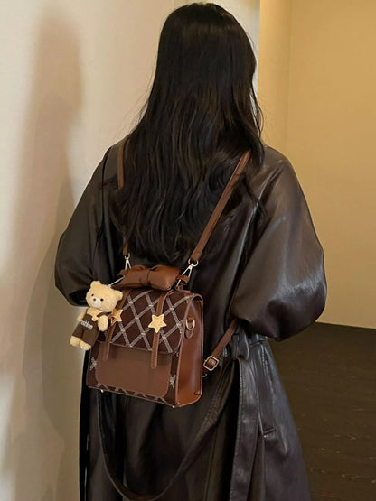 Vintage Diamond Pattern Backpack Bag - Brown - View 6